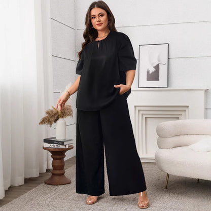 Casual Round Neck Short Sleeve Loose Wide Leg Pants Set