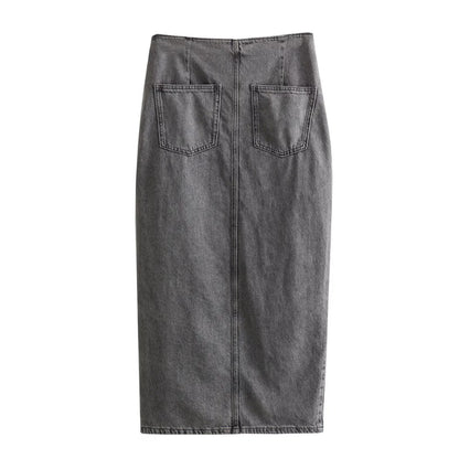 Women's Fashion Short Denim Vest + Double-Breasted Midi Skirt Set