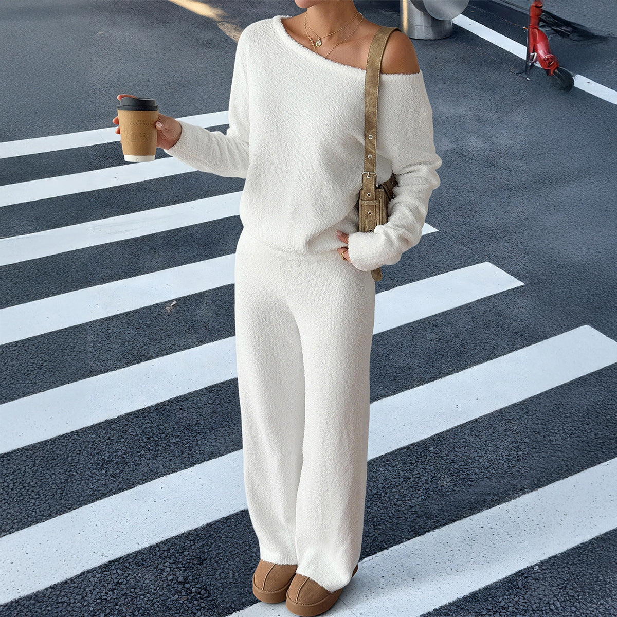 Casual Woolen Diagonal Collar Long Sleeve Pants Set for Women
