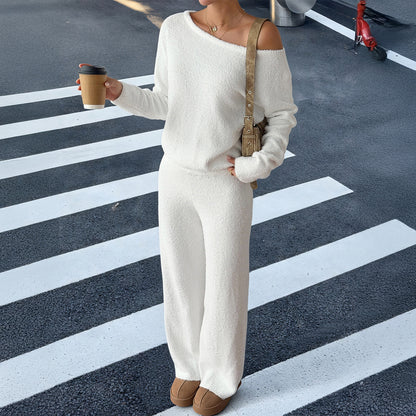 Casual Woolen Diagonal Collar Long Sleeve Pants Set for Women