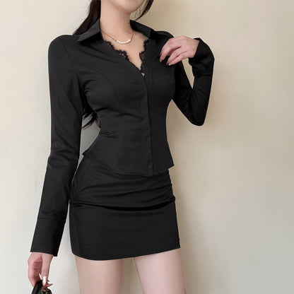 Lace long sleeved shirt sexy hip hugging skirt set for women