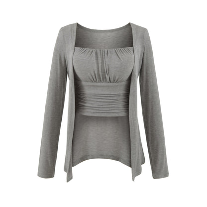 Chest cushion pleated camisole vest ➕ Long sleeved cardigan set
