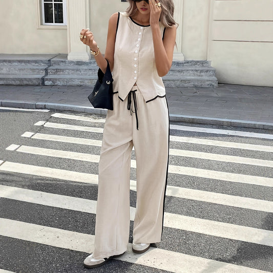 Summer  Export Women's Sleeveless Single-breasted Vest and Drawstring Pants Set