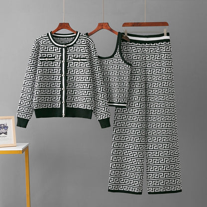 Coat, vest, wide leg pants three piece set