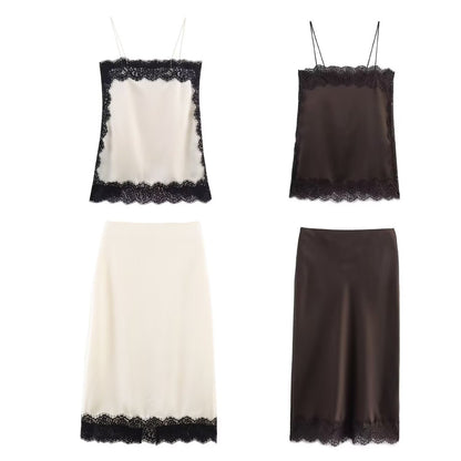 Splicing lace camisole+skirt set