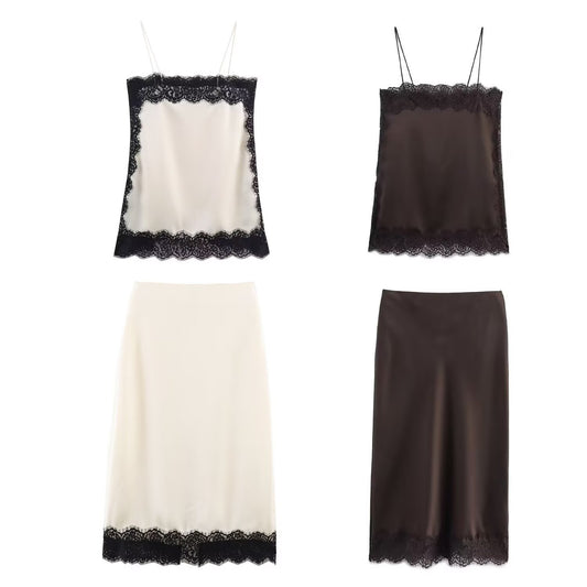 Splicing lace camisole+skirt set