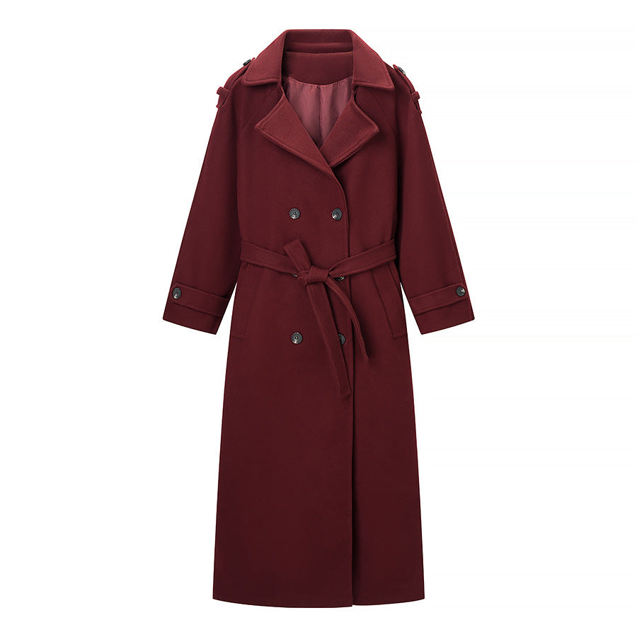 Long woolen coat with waistband and jacket