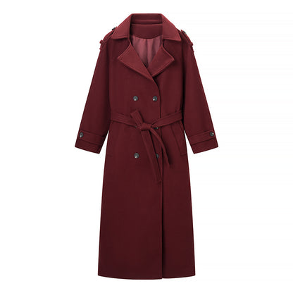 Long woolen coat with waistband and jacket