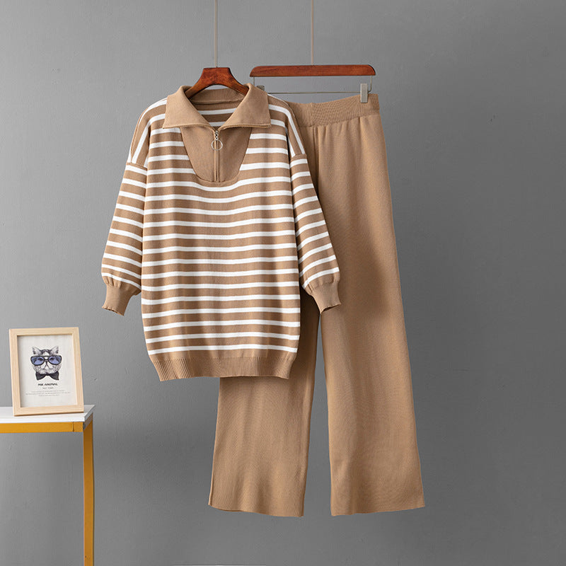 Striped sweater set, women's loose two-piece set
