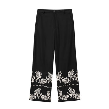Women's Linen Blend Embroidered Top + Embroidered Wide-leg Pants Set