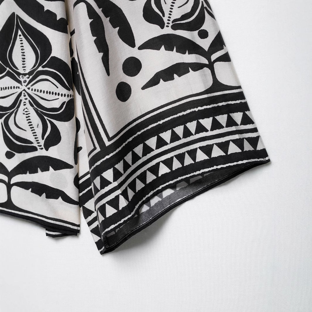 Women's Loose Fit Printed Shirt + Drawstring Wide Leg Pants Set