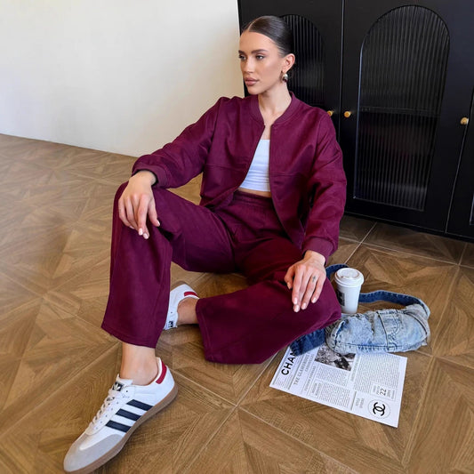 Solid color zipper hoodie elastic straight leg pants set