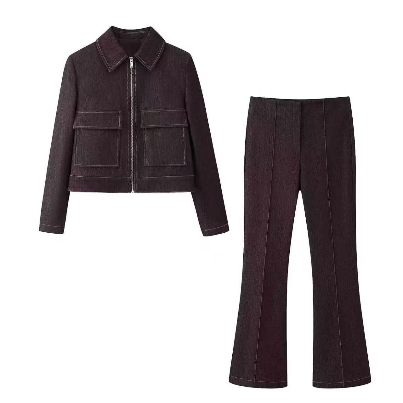 Flip pocket jacket+flared pants set