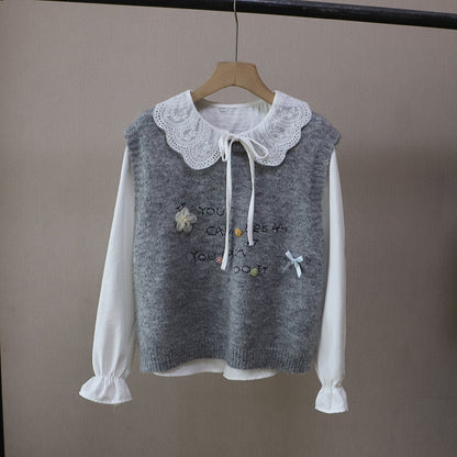 [Two-Piece Set Shirt + Sweet Youthful Letter Knit Vest for Women