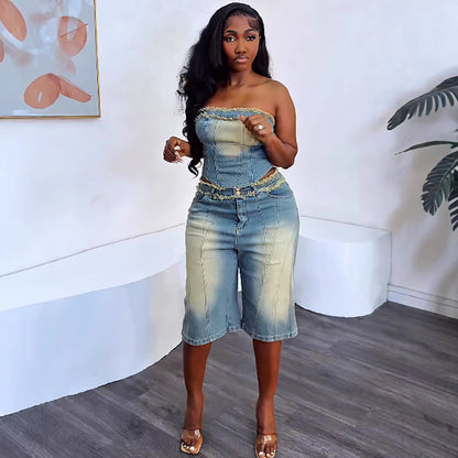 Women's Fashion Denim Set with Raw Hem Crop Top and High-Waisted Denim Shorts