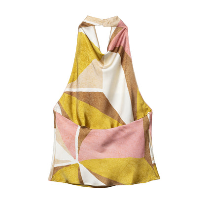Geometric Pattern Printed Halter Neck Top + Skirt Set for Women