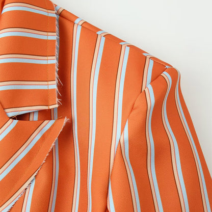 Striped fringed lapel long sleeved suit jacket