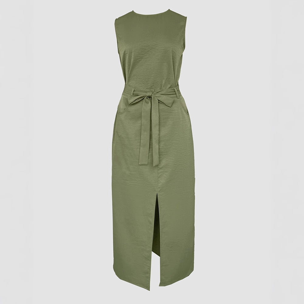 Sleeveless Top + Front Slit Skirt with Waist Tie Design Set