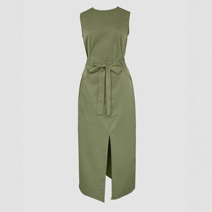 Sleeveless Top + Front Slit Skirt with Waist Tie Design Set