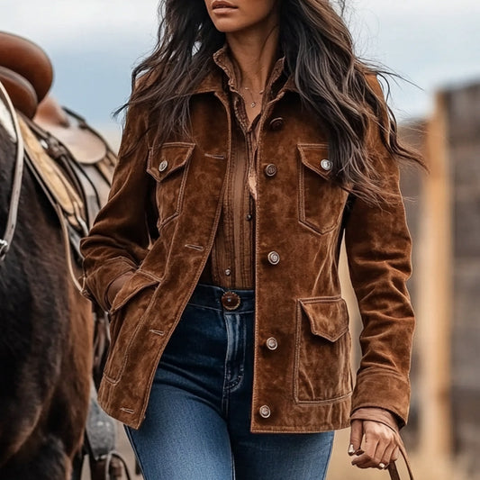 Vintage Suede Multi-Pocket Notch Lapel Jacket for Women