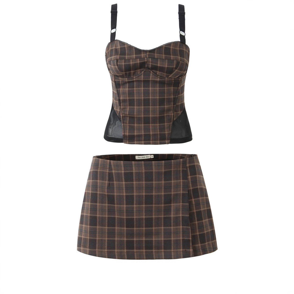Fashion patchwork plaid top+short skirt set