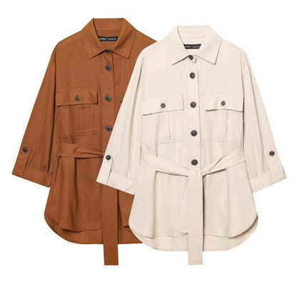 Spring New  Fashion Linen Blend Safari Shirt and Long Pants Set