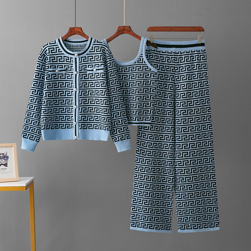 Coat, vest, wide leg pants three piece set