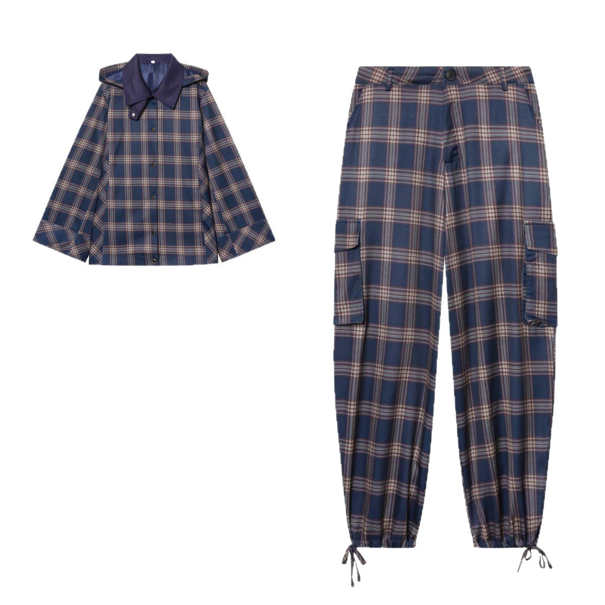 Grid design hooded jacket jacket+pants set