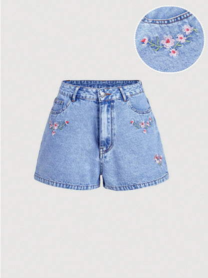Embroidered denim shorts