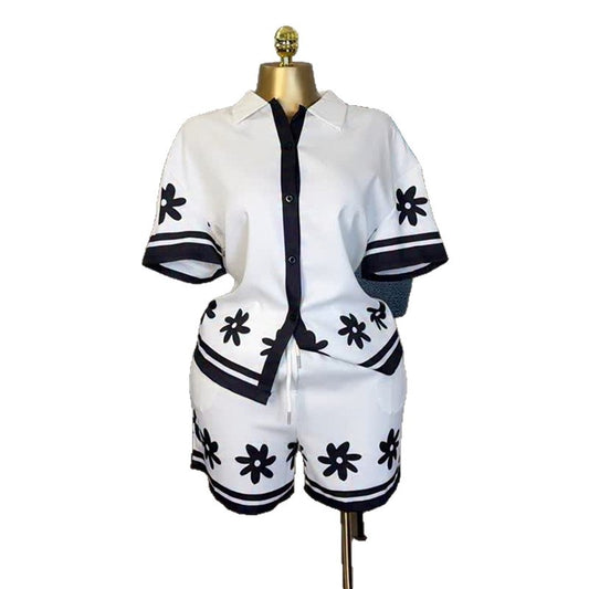 Collar color blocked printed shirt shorts set