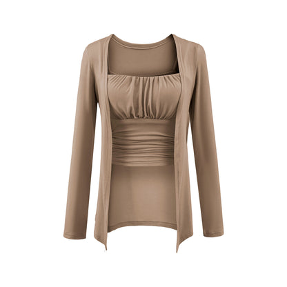 Chest cushion pleated camisole vest ➕ Long sleeved cardigan set
