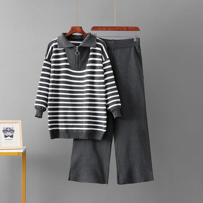 Striped sweater set, women's loose two-piece set