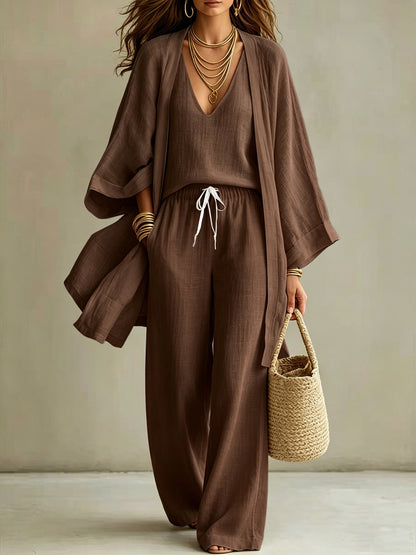 Loose cardigan sleeveless vest long pants three piece set for women