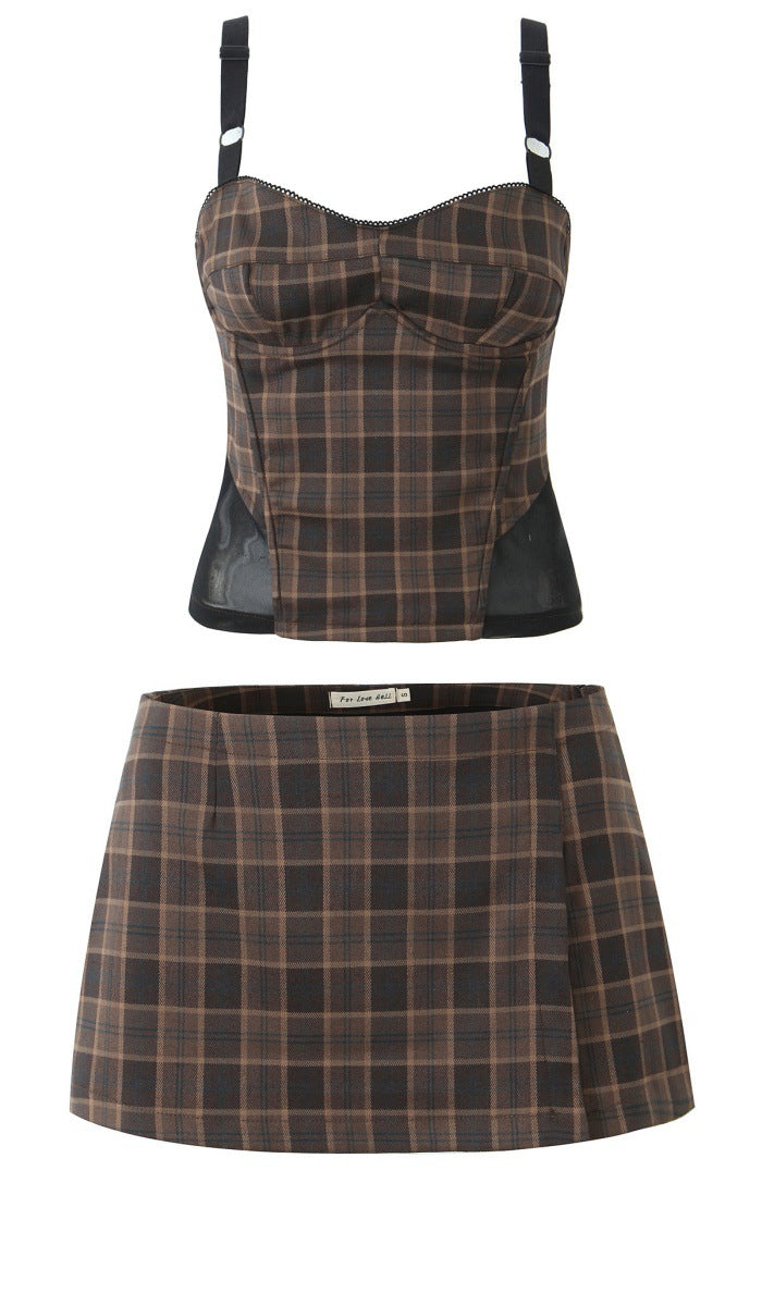 Fashion patchwork plaid top+short skirt set