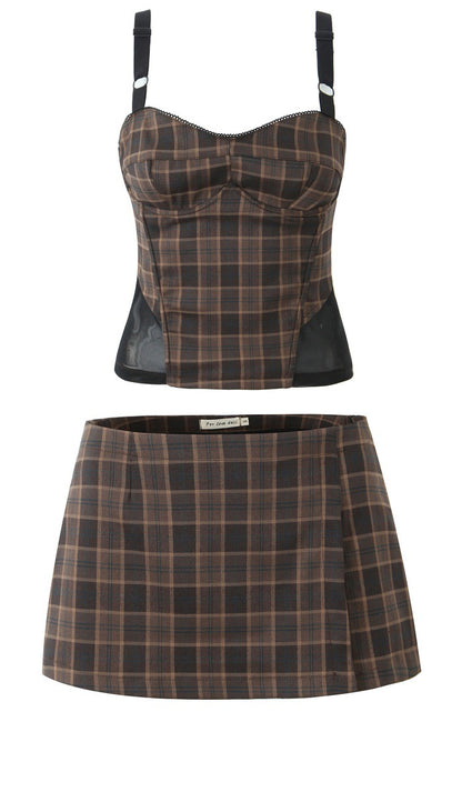 Fashion patchwork plaid top+short skirt set