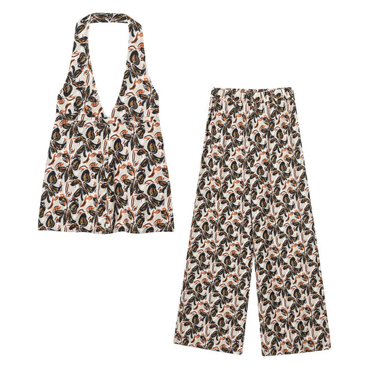 Women's Fashion Temperament Printed Halter Neck Top + Long Pants Set