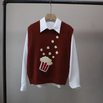 Fashionable Two-Piece Set of Flannel Shirt + Embroidered Knit Vest for Women