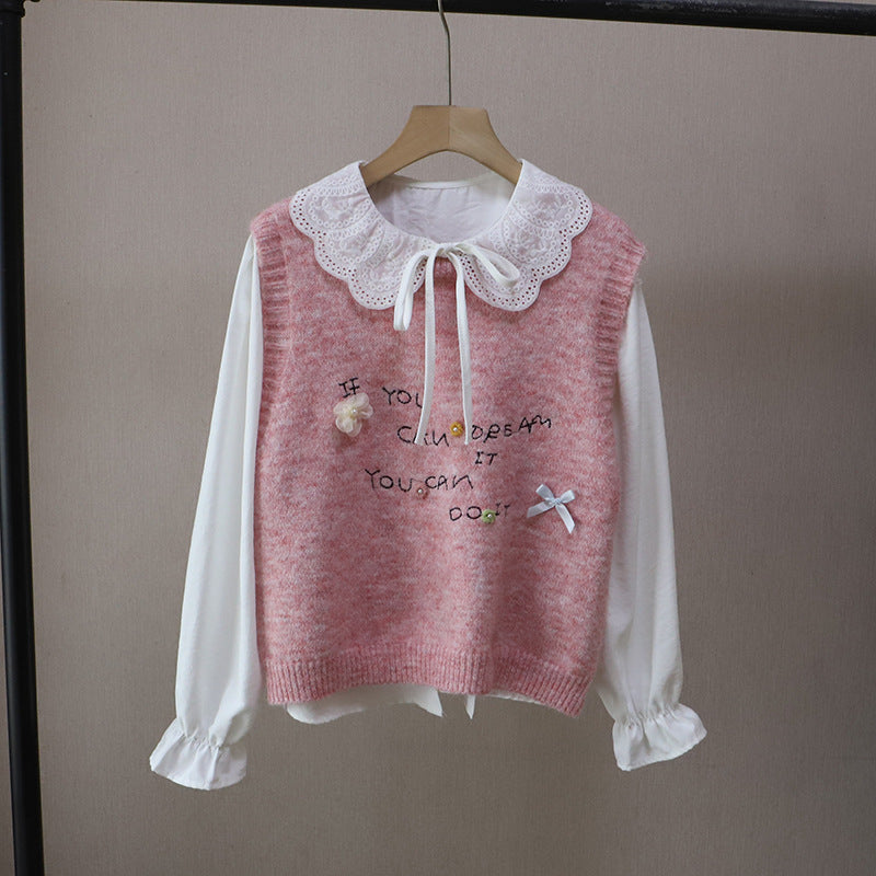 [Two-Piece Set Shirt + Sweet Youthful Letter Knit Vest for Women