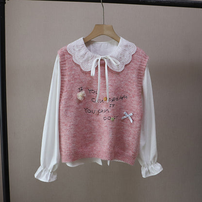 [Two-Piece Set Shirt + Sweet Youthful Letter Knit Vest for Women
