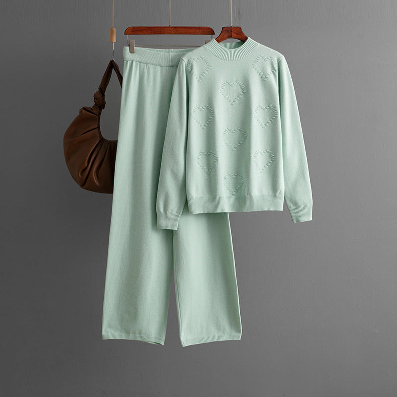 Half high neck sweater+long pants two-piece set