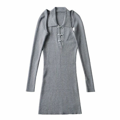 Two piece set of buttoned knitted dress lapel skirt shawl