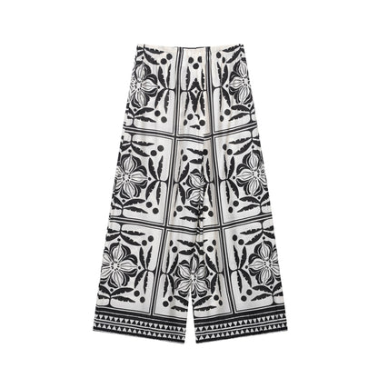 Women's Loose Fit Printed Shirt + Drawstring Wide Leg Pants Set