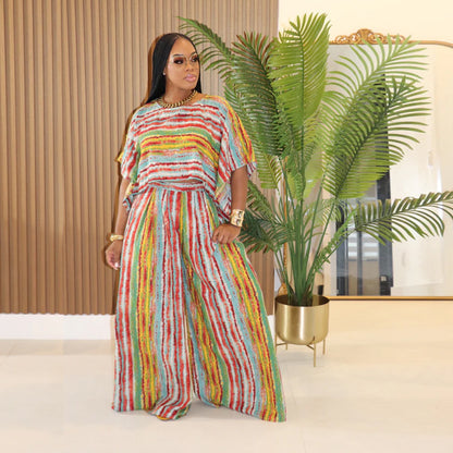 Casual Striped Top and Long Pants Two-Piece Set for Women