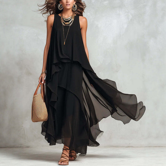 Chic Flowy Black Sleeveless Asymmetrical Chiffon Long Dress