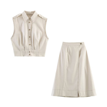 Sleeveless top+double breasted MIDI skirt set