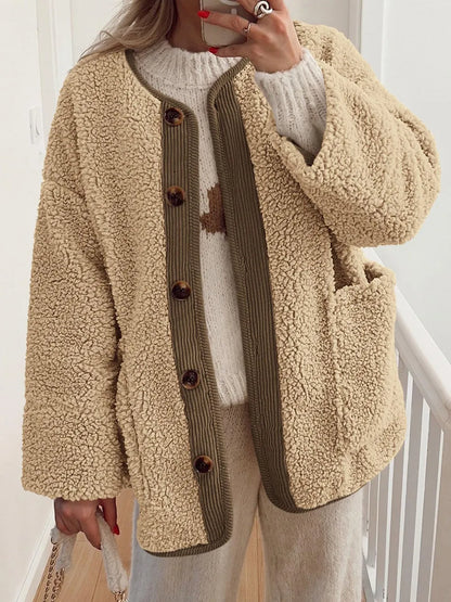 Winter coat long sleeved button down plush lambskin jacket jacket