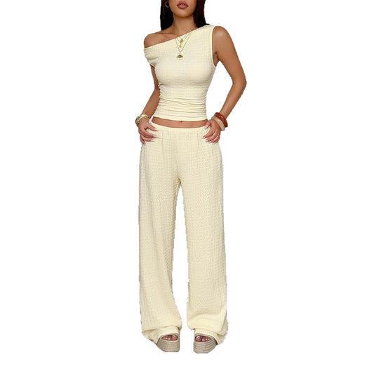 Simple Sleeveless Vest Solid Color Long Pants Set for Women