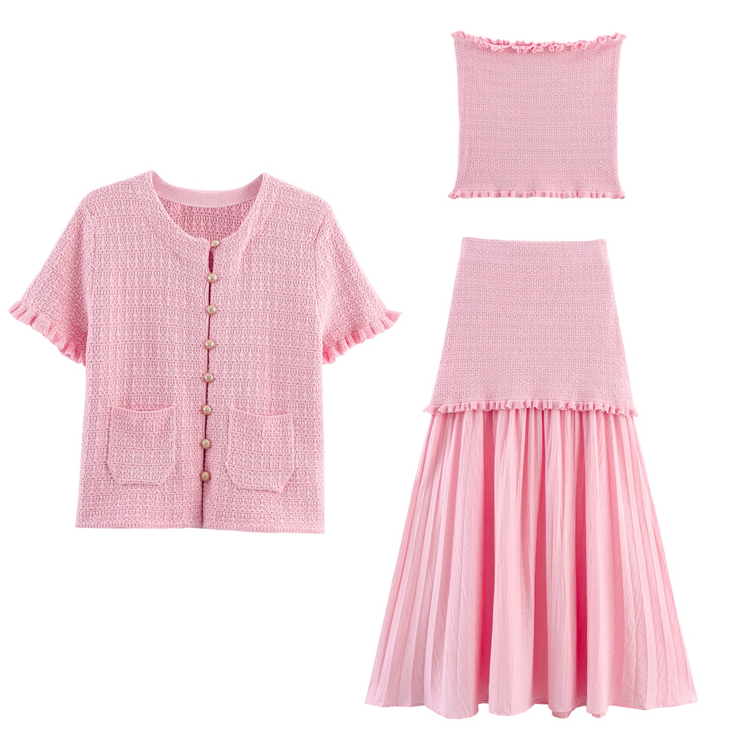 Women's Layered Decorative Knit Jacket + Camisole + Spliced Knit Set