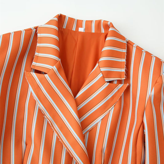 Striped fringed lapel long sleeved suit jacket