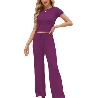 Solid color round neck short sleeved set